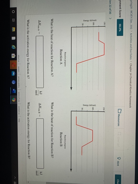 pring20-MCVEY (SEX. 255) Activities and Due Dates Chapter 14 Chemical Kinetics Homework Enment Score: 58.3% Resources dive Up