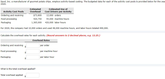 Spud, Inc. a manufacturer of gourmet potato chips, employs activity-based costing. The budgeted data for each of the activity