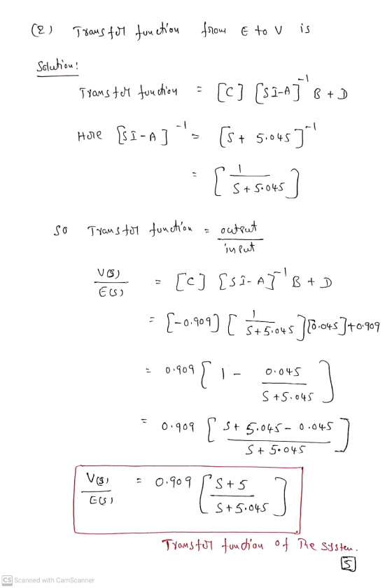 (2) Trams for function from Eto u is Scution! Transfer function [C] (s.1-258+) Hore [SI-A st [s+ 5.045 [ 5+ 5.045 so Traust
