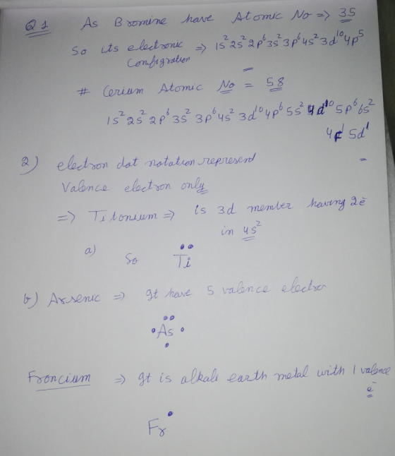 Qs As Bromine have stomic No =) 35 so its electronic - 15 25 28835 3p 45² 3 doups O comfigration Cerium Stomic No = 58 15² 25