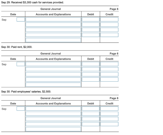 Sep 29: Received $3,300 cash for services provided. General Journal Page 6 Date Accounts and Explanations Debit Credit Sep Se
