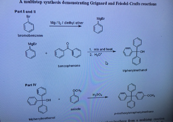 A multistep synthesis demonstrating Grignard and Friedel Crafts reactions Part I and II Br MgBr Mg l21 diethyl ether bromobenzene MgBr 1, mix and heat OH 2, H30 benzophenone triphenylmethanol Part IV OCH3 H2so4 OCH3 anisole methoxytetraphenylmethane triphenylmethanol hane from a multistep reaction