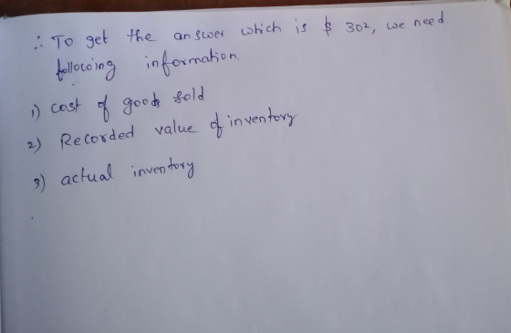 To get the answer which is $ 302, we need following information, 1) cost of good fold 2) Recorded value of inventory 3) actua