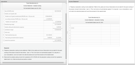 Instructions Income Statement Tudor Manufacturing Co Income Statement- Variable Costing A. Prepare an absorption costing inco