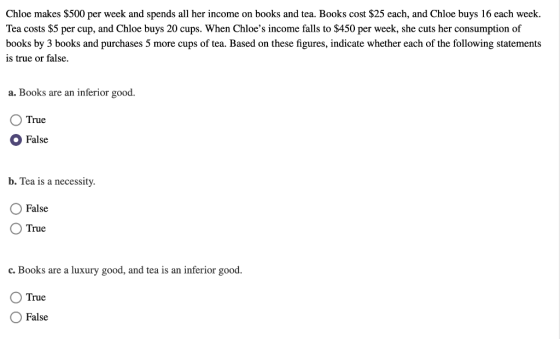 Chloe makes $500 per week and spends all her income on books and tea. Books cost $25 each, and Chloe buys 16 each week. Tea c