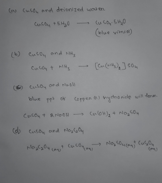 Ca CusO4 and desonized woter Cu co4 5H20 Colue vitnua) uso4 t5H30 Cb Cusoy and NH Ceu(AnsSO Cusoy t N3 Cusoy and No0) blue C