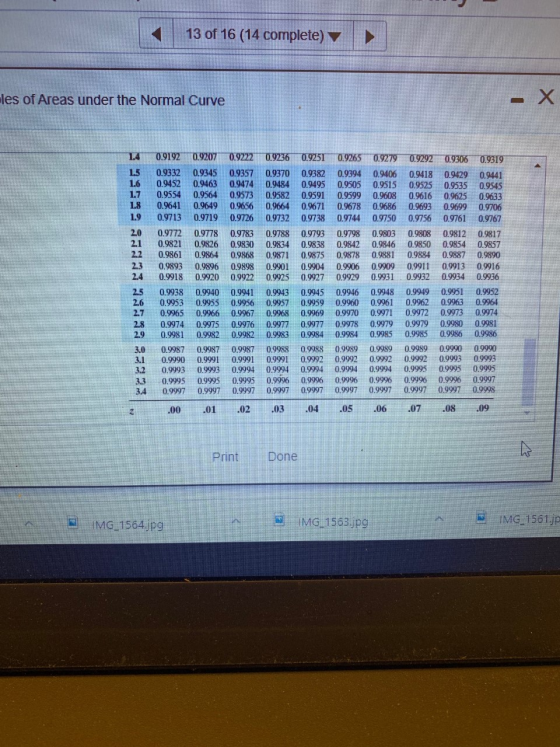 13 of 16 (14 complete) -X les of Areas under the Normal Curve 0.9222 14 0.9192 0.9207 0.9236 0.9251 0.9265 0.9279 0.9292 0.93