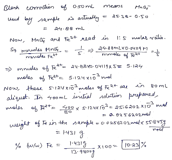 Blank correction of 0.50ml . means Mnar Used by sample i actually = 25.38-0.50 = 24.88 m2 . Now, MnOÇ and Feat read in .lis m