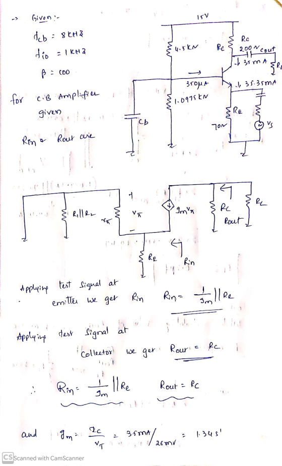 1 Given :- dcb = 8 kta dio = 1kHta ß = coo şuiskn. Reş 3 RC 200N cout & arma 35op F & 4 3 5.35mA I for C.B Amplifier i $ 1.09