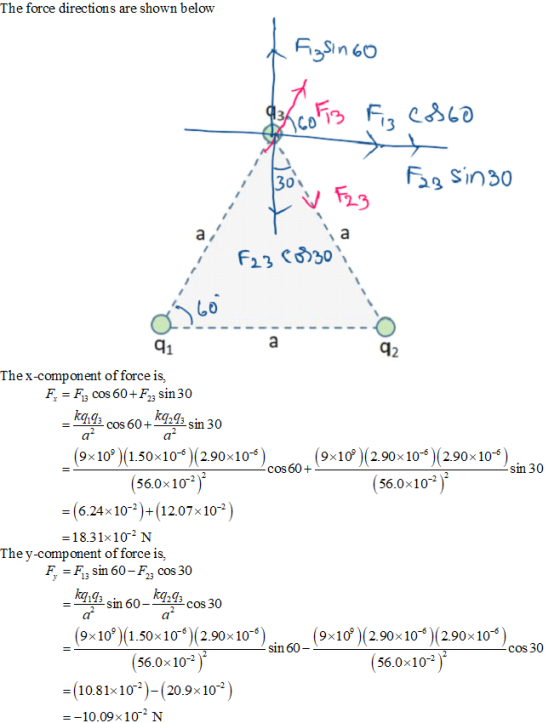 The force directions are shown below 29 Од Thex-component of force is, F cos 60+F23 sin 30 cos 60213 sin 30 (9s10*)(1.50x10-6 )(2.90x10-6) (9x1Ợ)(2.90x10-6 )(2.90x10-6) sin 30 (56.0x102) 56.0x10-2 - 6.24x 102+(12.07x10-2 18.31x102 N F3 sin 60-F cos 30 kgs sin 6cl.9h cos 30 9% 109)(1.50x106)(2.90x10-6 The y-component of force is, F (9x1Ợ)(2.90x10-6 )(290x10-6) (56.0x102) ( ) sin 60- cos 30 56.0x 10-2 (10.81x10%)-(20.9 x 10-2 -10.098 10% N