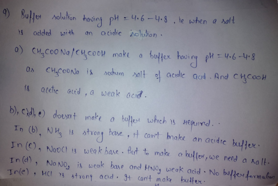 9) Buffer solution having pH = 4.6-4.8 ie when a salt an acidic solution . is added with a) Cu Coona/C4,C00H make a buffer ho