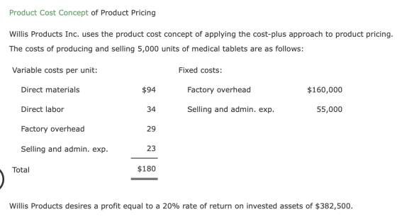 Product Cost Concept of Product Pricing Willis Products Inc. uses the product cost concept of applying the cost-plus approach