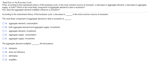 Read Eye on the Business Cycle. What, according to the mainstream theory of the business cycle, is the most common source of
