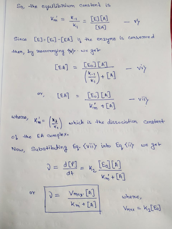 So, the equilibrium constant is Km = k- [] [A] - vy ki [EA ] Since [€]= [eo] – [EA] if the enzyme is conson then, by rearrang