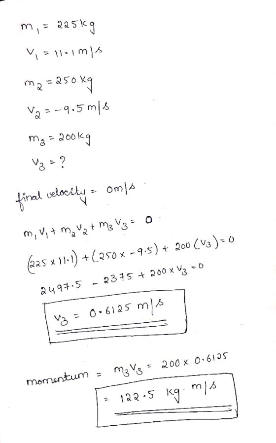 m, = 225kg Valomas ma=250kg 3-9.5 m/s mg=200kg v₂ = ? final velocity = omla m, vit me vet me V3 = 0 (225 x 111)+(250X-9.5) +
