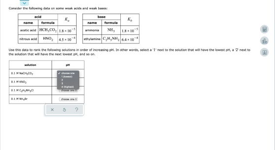 Consider the following data on some weak acids and weak bases: acid base K к, name formula acetic acid HCH,CO2 1.8 x 10-5 nit