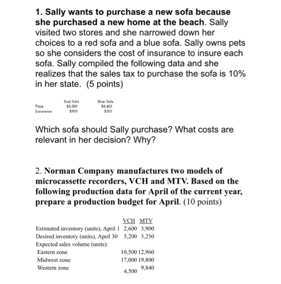 1. Sally wants to purchase a new sofa because she purchased a new home at the beach. Sally visited two stores and she narrowe