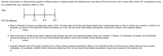 Dantzler Corporation is a fast-growing supplier of office products. Analysts project the following free cash flows (FCFS) dur