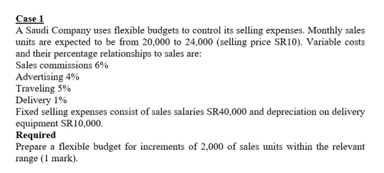 Case 1 A Saudi Company uses flexible budgets to control its selling expenses. Monthly sales units are expected to be from 20,
