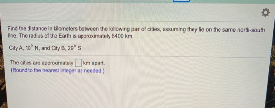 Find the distance in kilometers between the following pair of cities, assuming they lie on the same north-south line. The rad