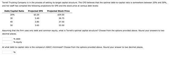 Terrell Trucking Company is in the process of setting its target capital structure. The CFO believes that the optimal debt-to