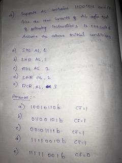 t 110otoit od centains t conditin Assume te abeve SHR AL, e) ROL AL ) SR L2 oDio 111b 001b F.o