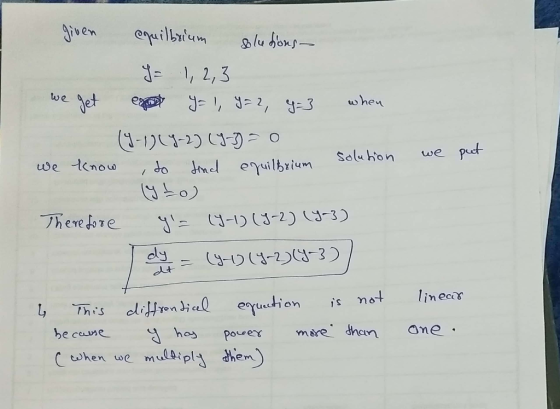 we put given equilbrium solutions- y = 1,2,3 we je eeo j=, = 2, 3 whеч (4-1)(y-2369-3=0 know , to find solution equilbrium (Y