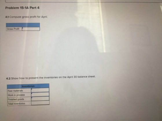 Problem 15-1A Part 4 4.1 Compute gross profit for April. Gross Profit 4.2 Show how to present the inventories on the April 30