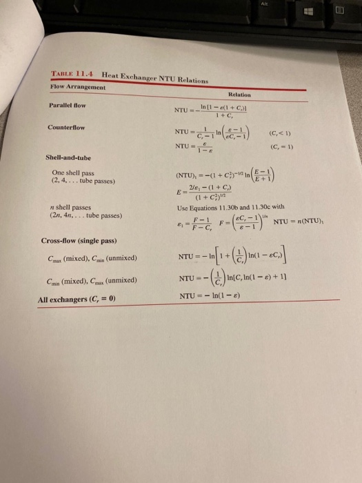 TABLE 11.4 Heat Exchanger NTU Relations Flow Arrangement Relation Parallellow Counterflow NTU - 10 (1 = 4 +C) NTUC-() NTU-T (