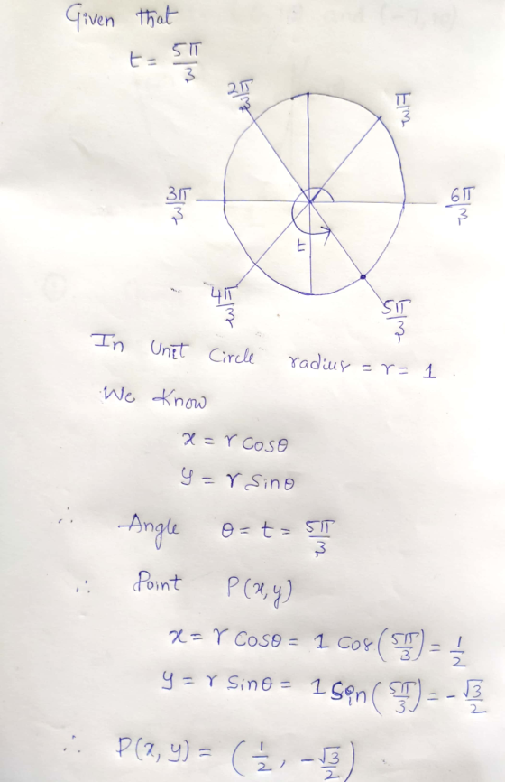 Given that 5।। ta 3 25 2017 wa tla Em =انية SIT In Unit Circle } radius =r= 1 We know X = r coso y=rsino or t= SIT ST point A