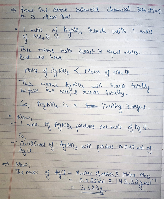 7 from the above balanced Chanical reaction it is clear that . I mole of AgNo reacts with Imole This means both deact in equa