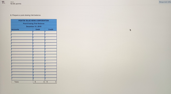 value: Required info 10.00 points 2. Prepare a post-closing trial balance. FIGHTIN BLUE HENS CORPORATION Post-Closing Trial Balance December 31, 2018 ounts Debit Credit Totals 0