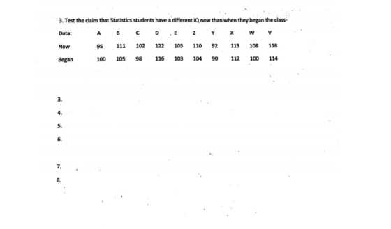 3. Test the claim that Statistics students have a different IQ now than when they began the class- Data: A B C D E ZY X W v N