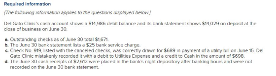 Required information [The following information applies to the questions displayed below.) Del Gato Clinics cash account sho