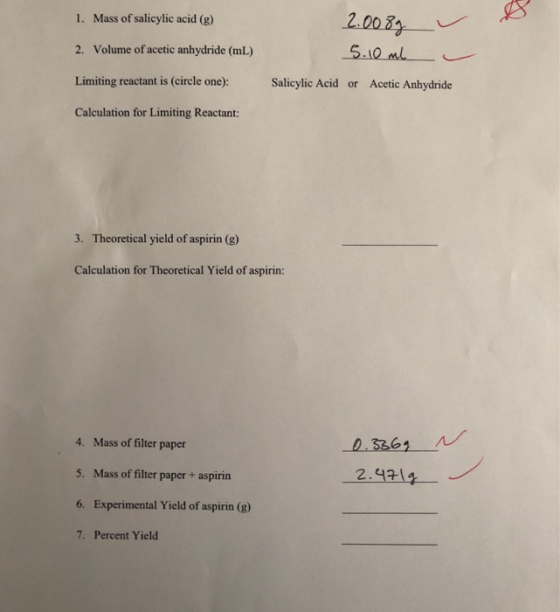 1. Mass of salicylic acid (g) 2.0089 5.10ml & 2. Volume of acetic anhydride (mL) Limiting reactant is (circle one): Salicylic