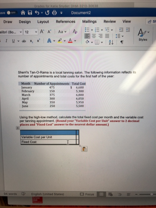 Grades for Katie Snyder: DHM.3213.30638 Document2 aver Draw Design Layout References Mailings Review View SH alibri (Bo... 12