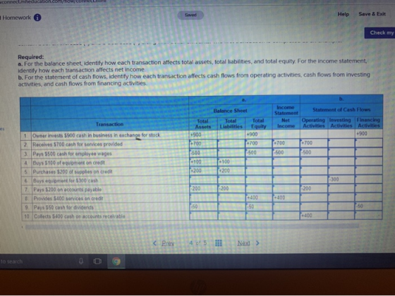 Homework Help Save & Exit Check my Required: a. For the balance sheet, identify how each transaction affects total assets, to