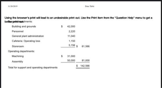 11/20/2019 Data Table Using the browsers print will lead to an undesirable print-out. Use the Print item from the Question