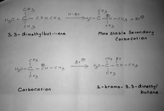 сна H-BY C-CH - CH3 + Br сH3 нс – С – сH = CH) 2 - СН3 3,3-dimethylbut-i-ene СН3 More stable Secondary Carbocation сH3 CH3 Br
