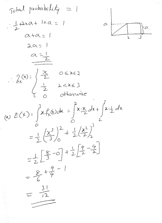 Total probability =1 at ka = } 2. 3 ata=1 2a 르 글 osx<2 20=를 Ocx스2 2드 3 { ó otherwise otherwise (6) ECX)=f2f67cb = jazdas --(
