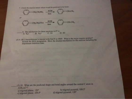 7. Circle the reaction below which would be predicted to be faster. CH, CHỊNH, KOH CH-CH₂ кон C-cнсновы -CH-CH2OTos кон С-сис