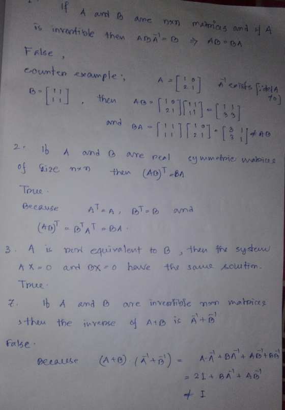 If A and B is investible then are non Am B matrices and if A - ABOBA False counten example, A=[28] A epists sidela Bol] , th
