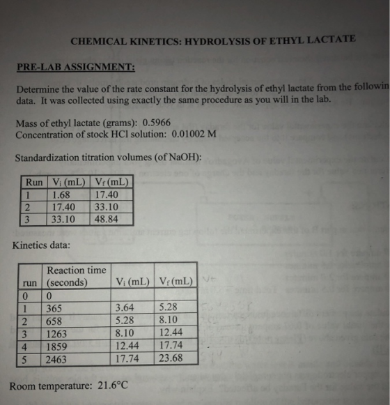 CHEMICAL KINETICS: HYDROLYSIS OF ETHYL LACTATE PRE-LAB ASSIGNMENT: Determine the value of the rate constant for the hydrolysi
