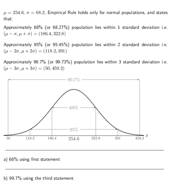 254.6, ơ-682, Empirical Rule holds only for normal populations, and states that: Approximately 68% (or 68.27%) population lies within 1 standard deviation i.e. (a-a, μ + σ)-(186.4. 322.8) Approximately 95% (or 95.45%) population lies within 2 standard deviation ie. -20, + 2a)-(118.2, 391) Approximately 99.7% (or 99.73%) population lies within 3 standard deviation i.e. μ-3, μ + 3σ)-(50, 459.2) 99.7% 68% 95%-- 50 186.4 254.6 459.2 118.2 322.8 391 a) 68% using first statement b) 99.7% using the third statement.