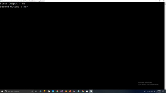 t e/c/users/usex/decuments visual studio 2015/Pojects/BuildBuild/bin/Debug /BuidExE First Output He Second Output her Activat