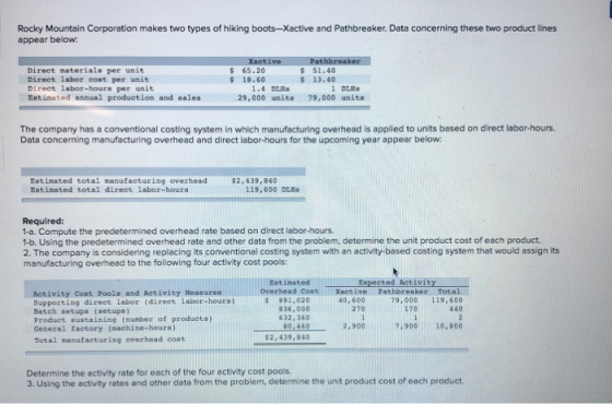 Rocky Mountain Corporation makes two types of hiking boots-Xactive and Pathbreaker. Data concerning these two product lines a