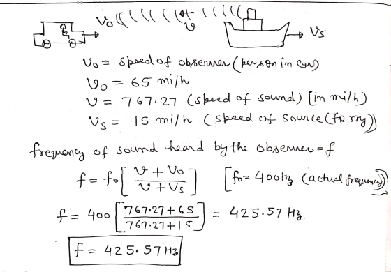 (((((((((CA Us No= speed of observer (person in cor) Vo=65 milh v=767.27 (speed of sound) [im mi/h) Vs = ls milh (speed of so