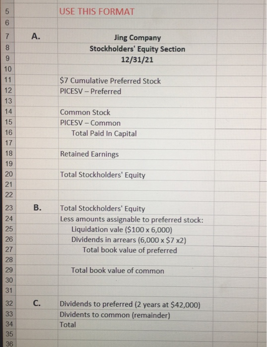 USE THIS FORMAT Jing Company Stockholders Equity Section 12/31/21 $7 Cumulative Preferred Stock PICESV – Preferred Common St