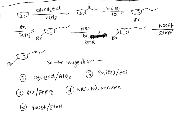 CH₃ CH₂ col ZnCity Ha Ald Br Brz NBS Naoct Etot FeBry ho Br Br ROOR Bri so the reagents are CHE CHE Cod/Alcz D Znity/Ha a Brz