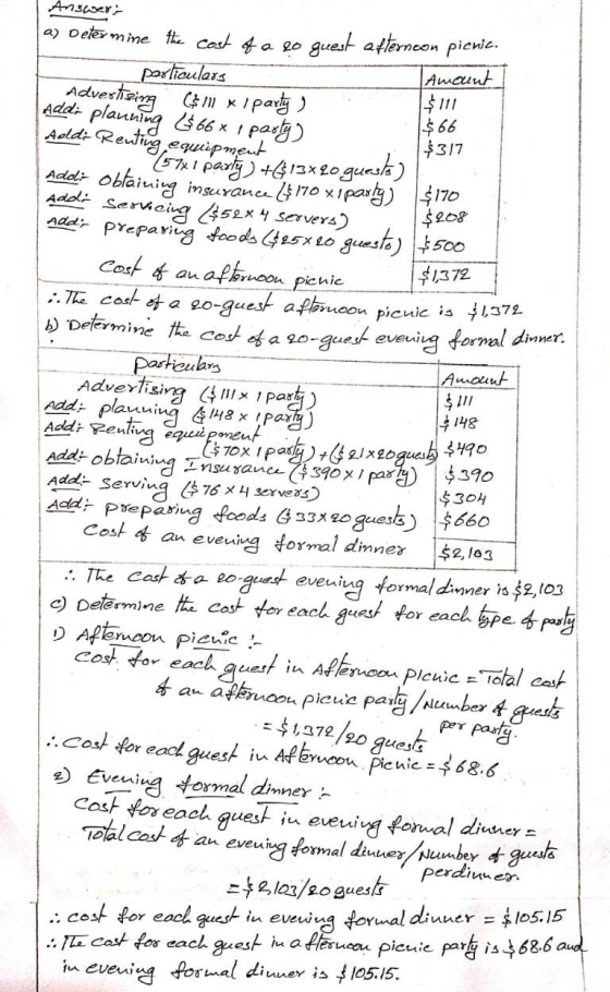 Add: planning & 66 x 1 party) 2 Answer: a) Determine the cost of a lo quest afternoon picnic. particulars Amount Advertising